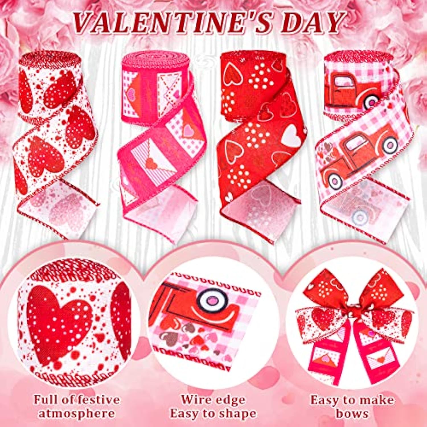 Valentine'S Day Wired Edge Ribbon 26.4 Yards Heart Truck Patterned Cra