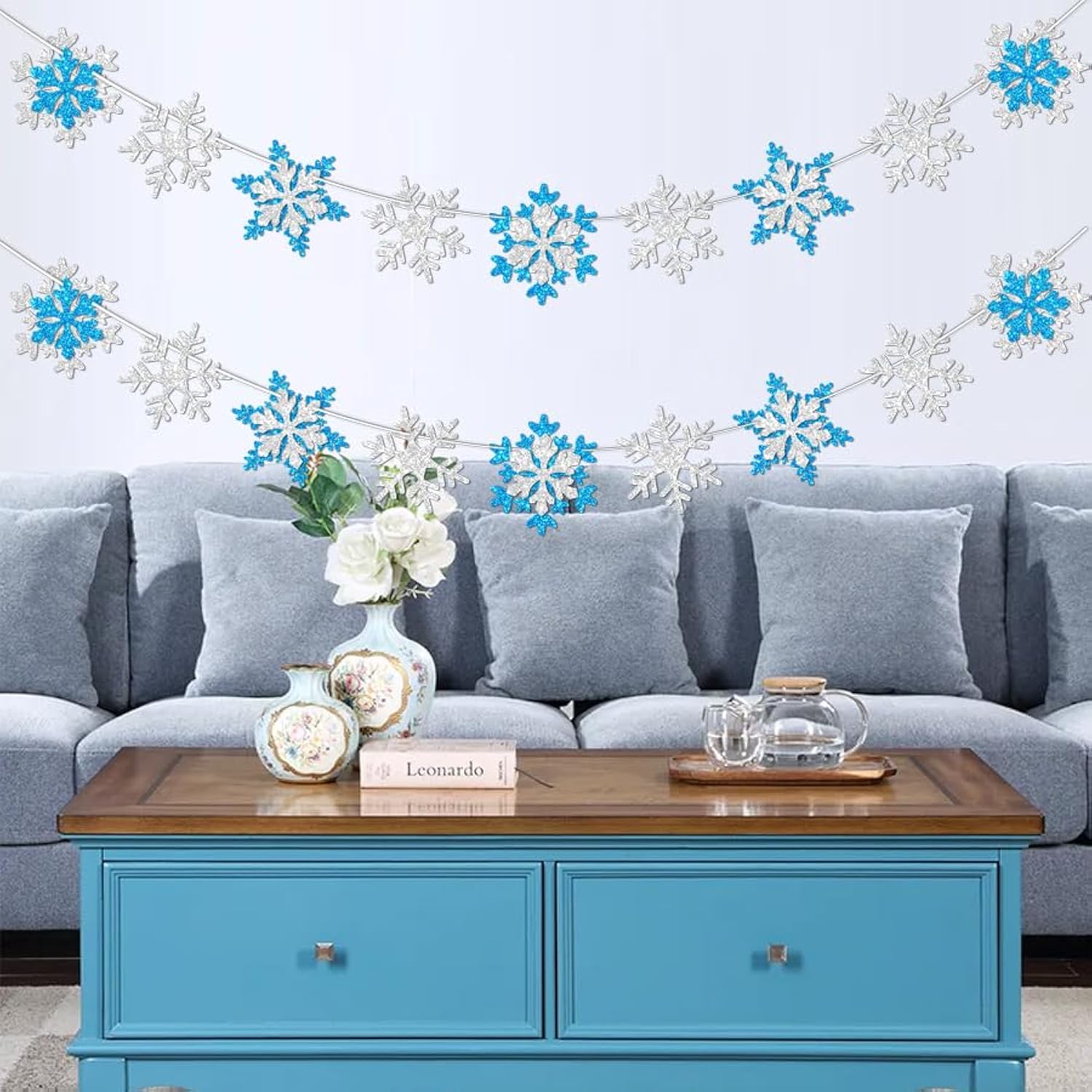 Glitter Frozen Snowflake Garland Banner Winter White And Blue Snowflakes For Wonderland Frozen Party Decorations, Birthday And Christmas Deco