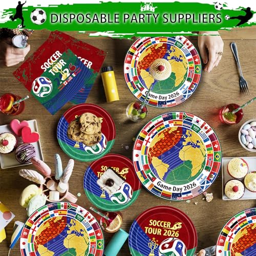 206Pcs 2026 World Soccer Cup soccer party Merchandise, Party Supplies Soccor party decorations - Banner, Hanging Swirl, Table cloth, Paper streamer, Cake topper, Balloon, Tableware
