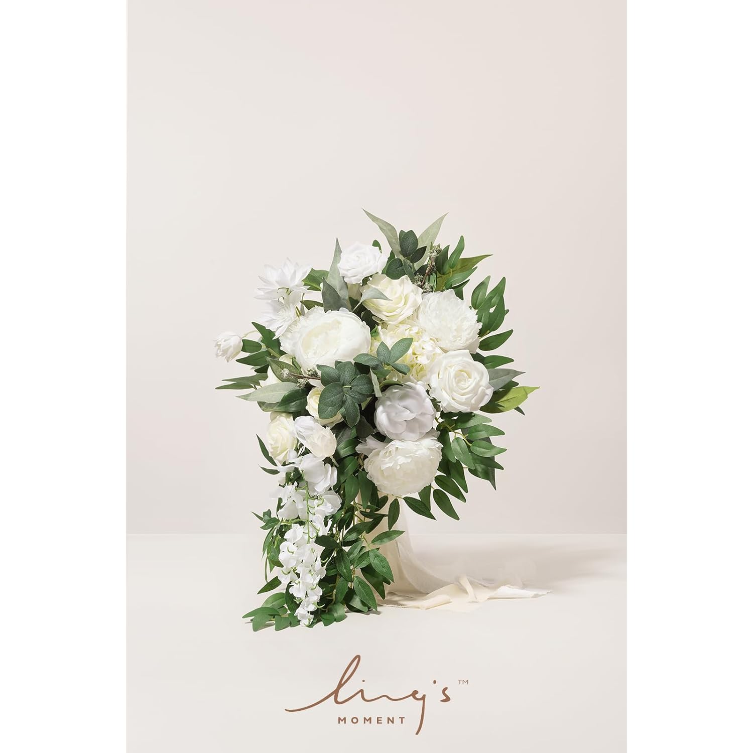 White Bridal Bouquet Cascading, Ivory Wedding Bouquets For Bride, 15 Inch Bride Bouquets For Wedding Artificial Flowers Bouquets