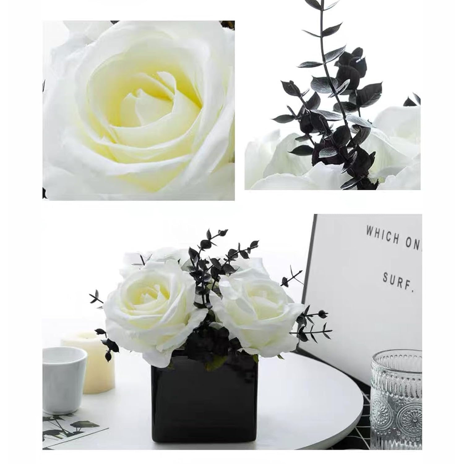 Artificial Flowers With Small Ceramic Vases, Roses In Vases Plastic Artificial Flowers And Plants,Used For Home Office Wedding Decoration, Table Decoration(White+Black)