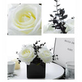 Artificial Flowers With Small Ceramic Vases, Roses In Vases Plastic Artificial Flowers And Plants,Used For Home Office Wedding Decoration, Table Decoration(White+Black)