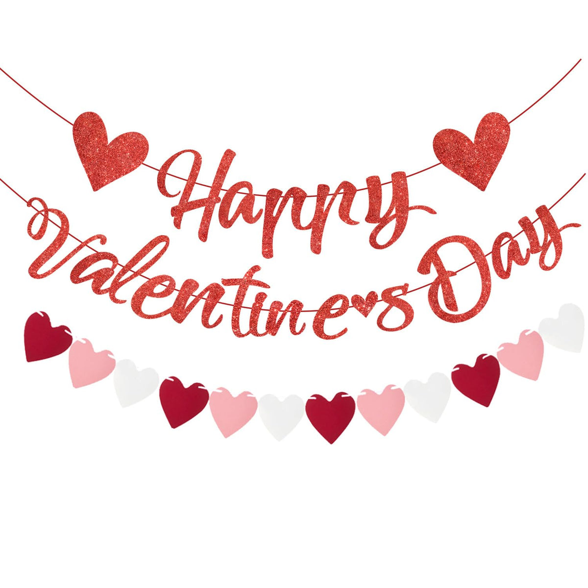Glitter Red Happy Valentines Day Banner Red And Pink Heart Garland Banner, No Diy For Romantic Day Party Decorations