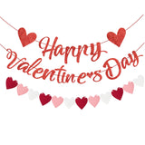 Glitter Red Happy Valentines Day Banner Red And Pink Heart Garland Banner, No Diy For Romantic Day Party Decorations