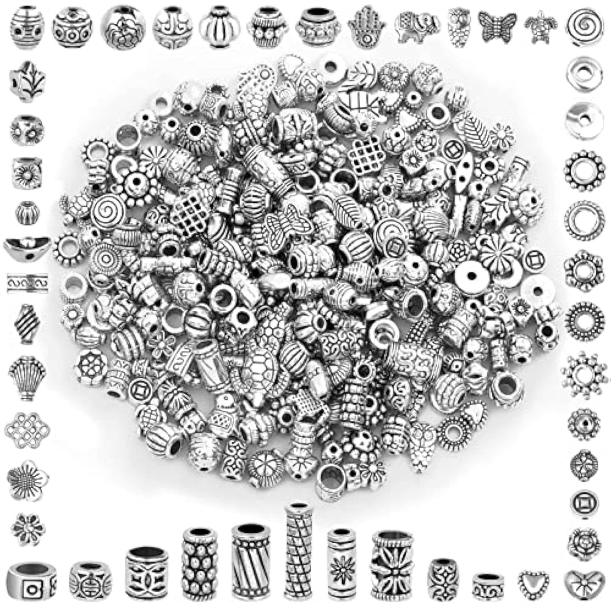 350PCS Silver Spacer Beads Mixed Styles for Bracelet Necklace Jewelry Making