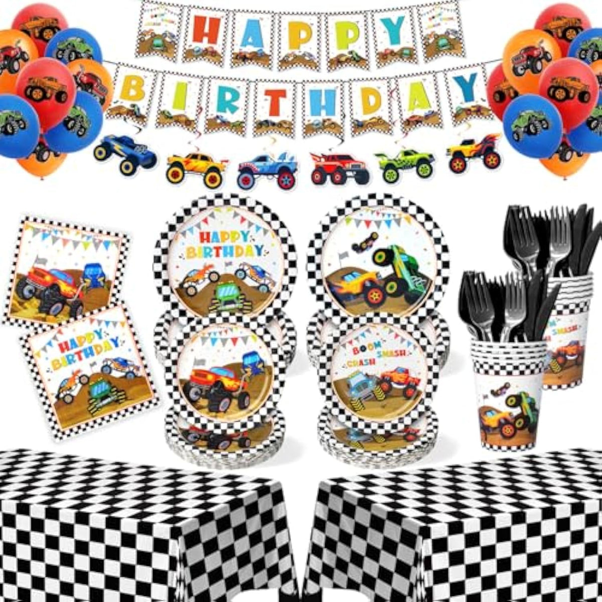 183Pcs Monster Truck Party Supplies, Monster Truck Party Supplies Include Plates And Napkins, Serves 26