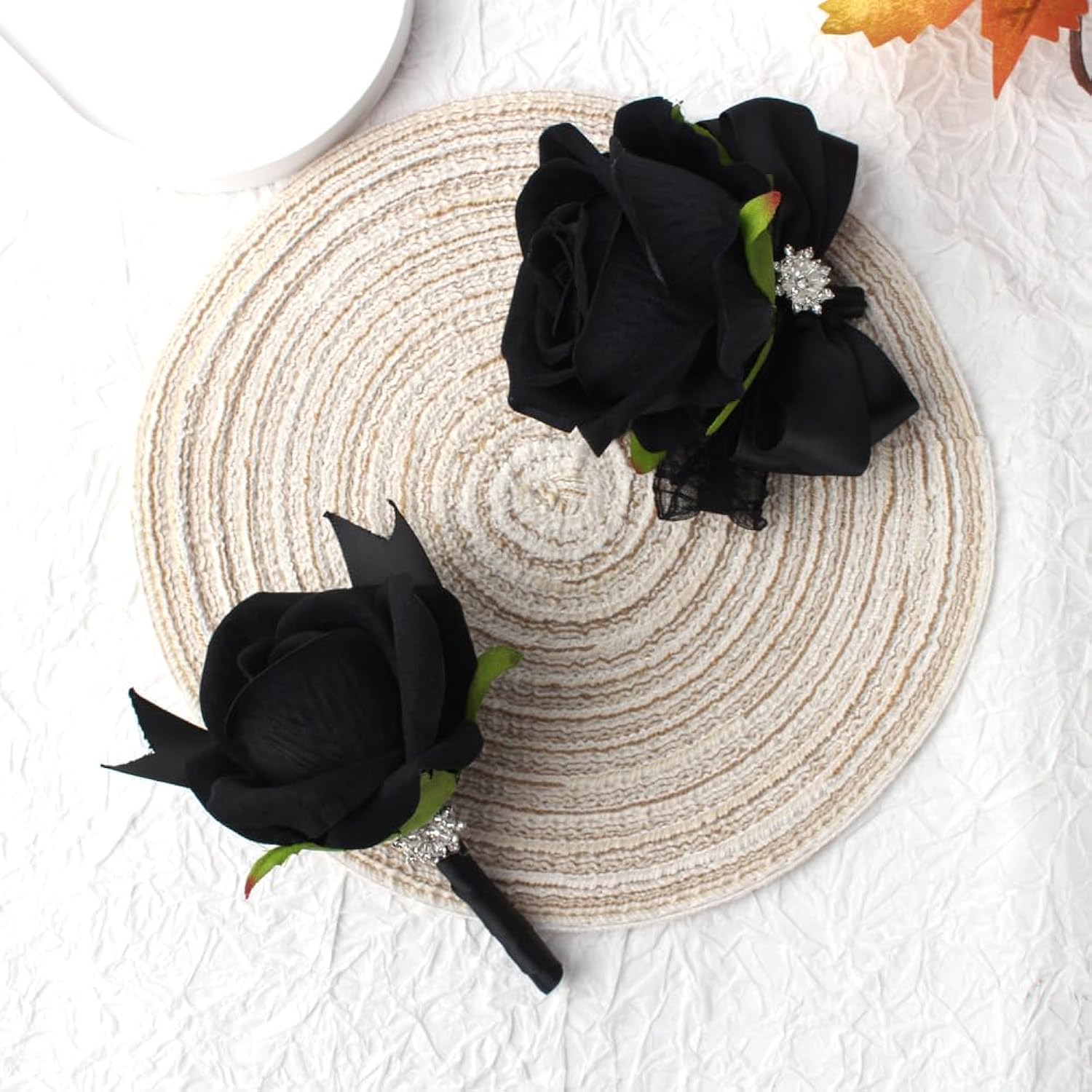 Black Rose Wrist Corsage And Boutonniere Set Rose Corsage Wristlet For Wedding Prom Party Homecoming Decoration Set Of 2 (Black)