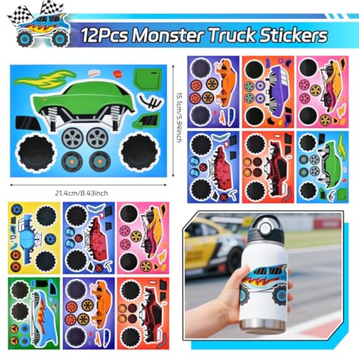 Monster Truck Party Favors Car Game Birthday Supplies, Non-Woven Gift Bags Keychains Slap Bracelets Diy Stickers, Kid Boy Wheels Toy Goodie Bag Stuffer Monster Truck Birthday Decorations