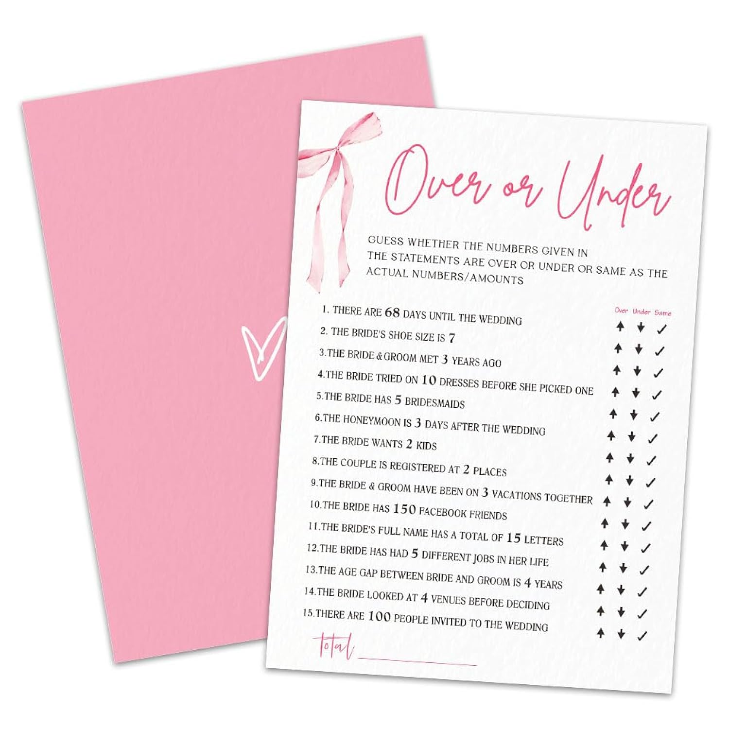 Wedding Game Set - 30 Pcs Pink Bow Over Or Under Engagement Game Cards, Bridal Shower Double-Sided Fill In Style Game Cards, Party Game & Activities - A04