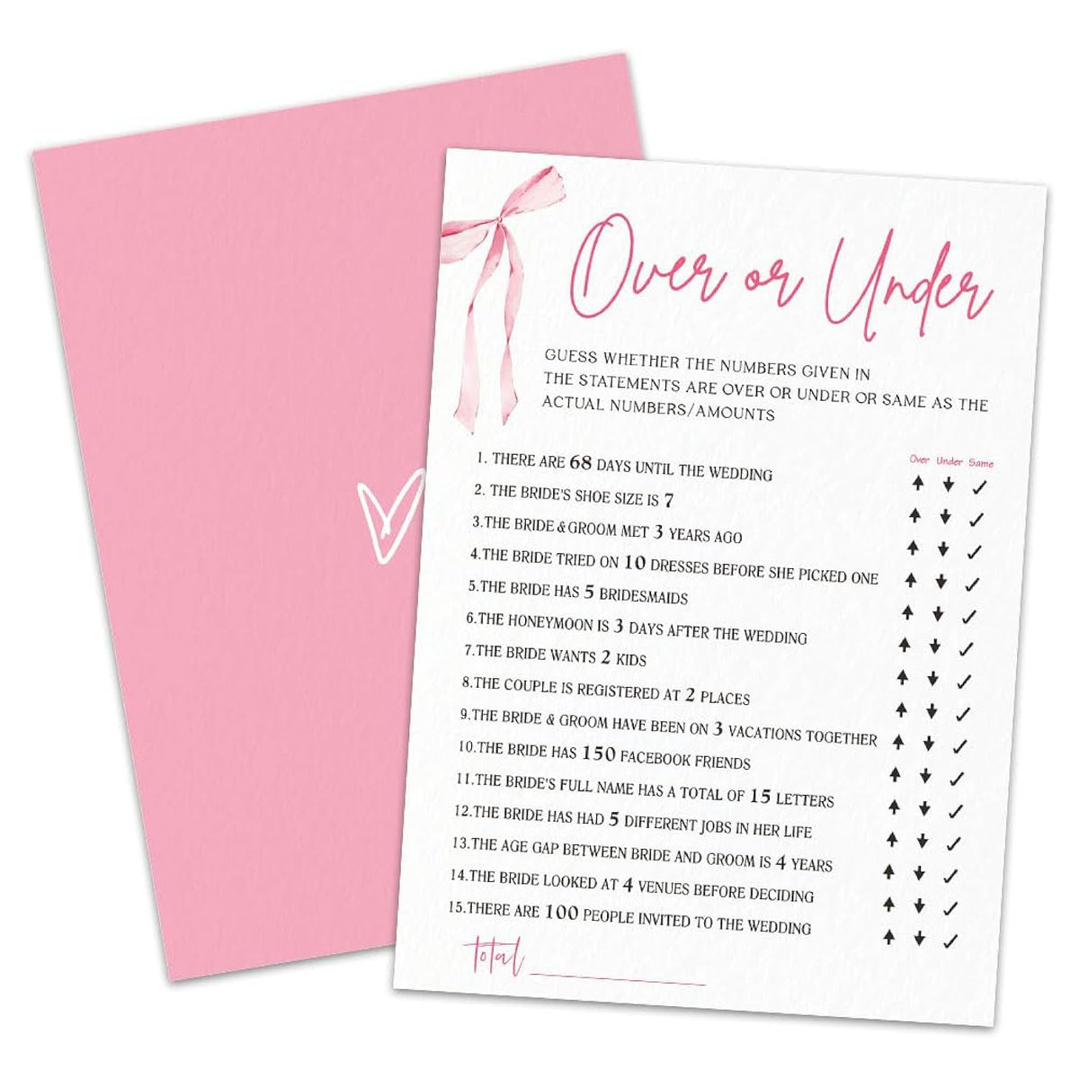 Wedding Game Set - 30 Pcs Pink Bow Over Or Under Engagement Game Cards, Bridal Shower Double-Sided Fill In Style Game Cards, Party Game & Activities - A04