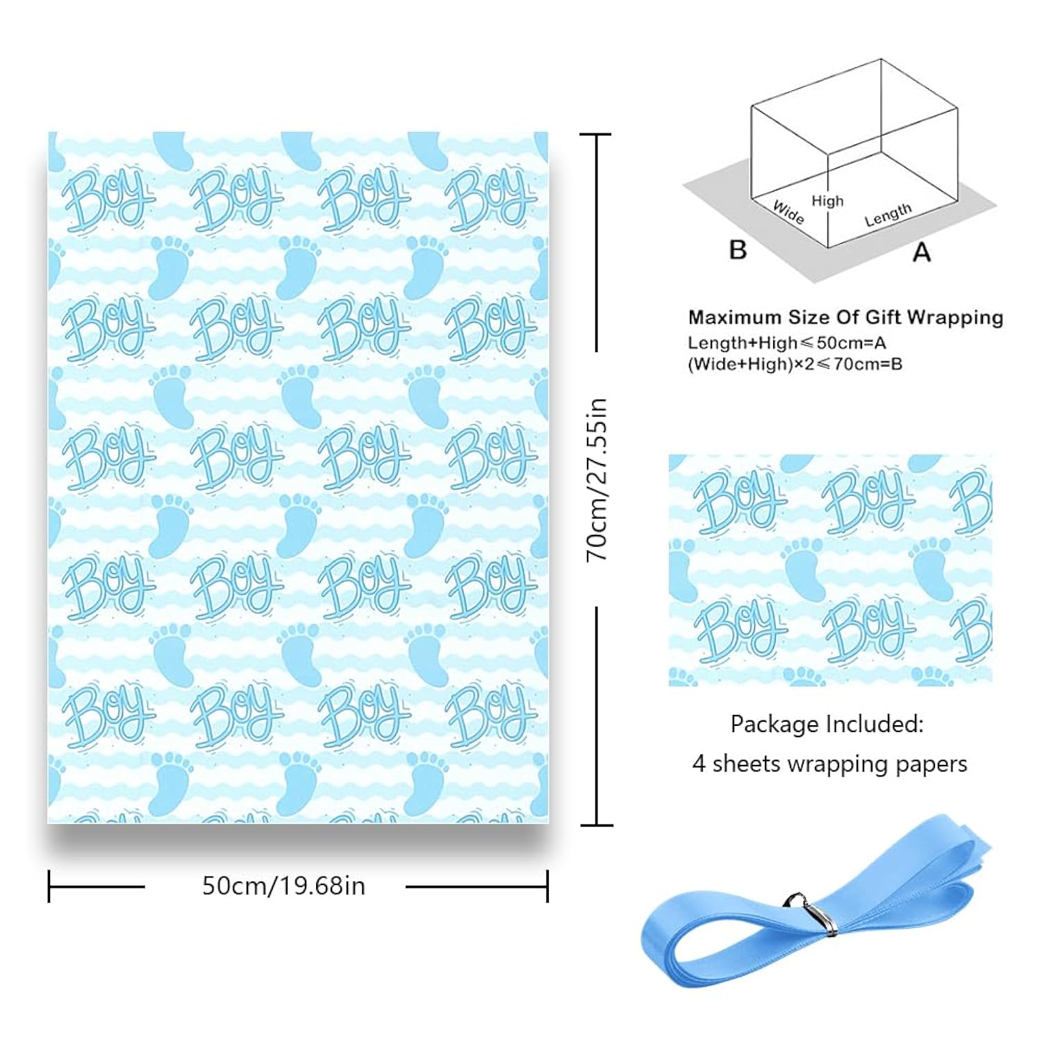 Baby Shower Wrapping Paper Boy, Blue Footprints Boy Baby Shower Wrap Paper Folded Flat 19.6X27.5 Inches Per Sheet With Ribbon Set For Newborn Infant Kids Birthday Holiday Celebration Party Gift Wrap