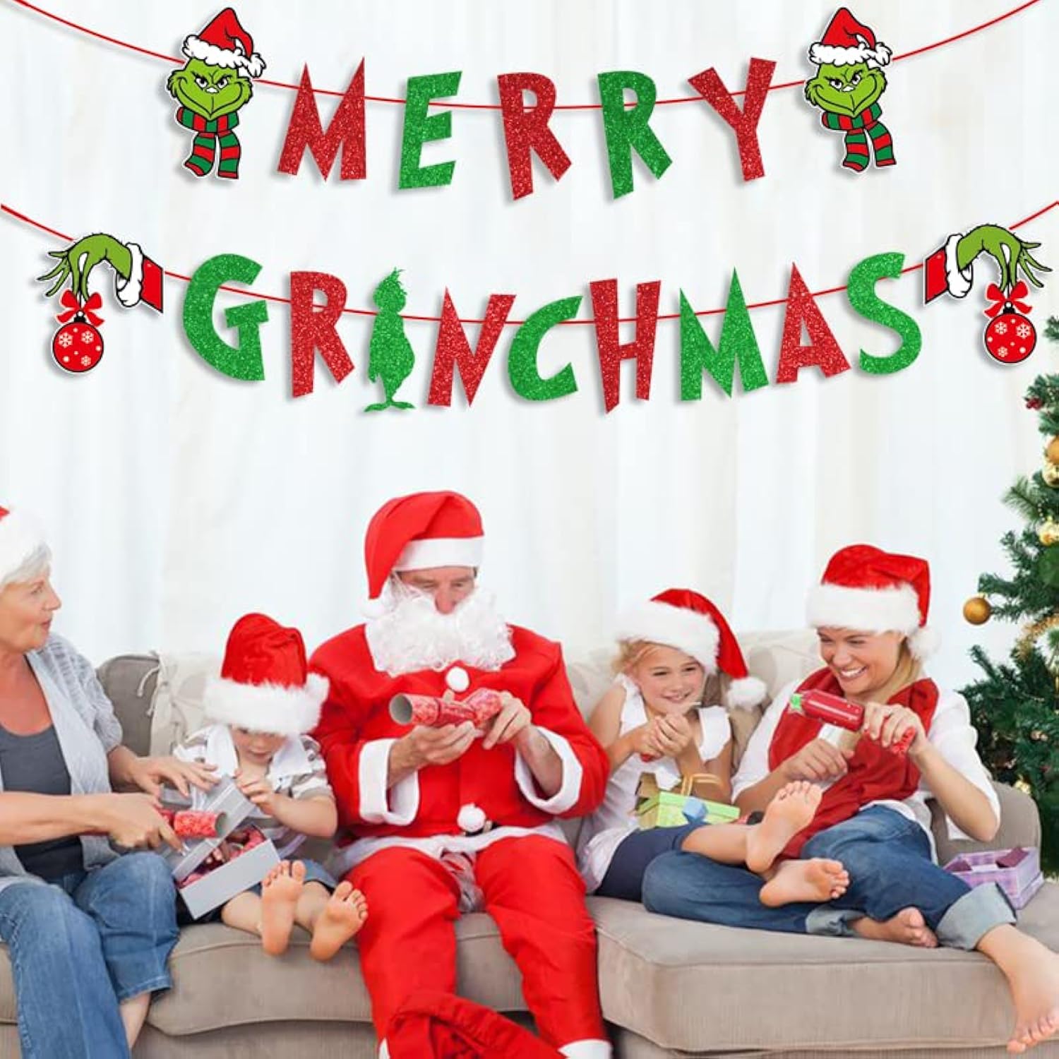 Glitter Merry Christmas Banner - Red Green Glittery Xmas Garland For Home Wall Mantle Fireplace Party Decorations And Supplies