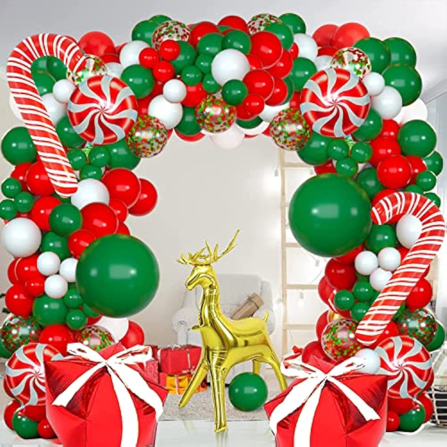 Christmas Balloons Garland Arch Kit, Xmas Red Green White Confetti Balloons With Candy Cane Foil Balloons For Christmas Party Birthday Xmas Party Decorations