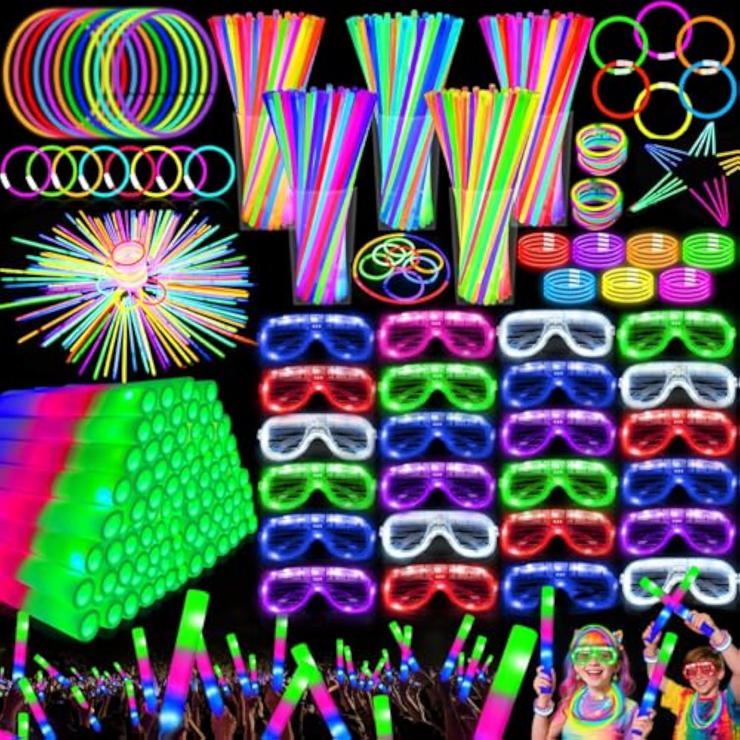 148 Pcs Glow In The Dark Party Supplies- 24 Pcs 16" Foam Glow Sticks, 24 Pcs Led Glasses, 100Pcs Glow Sticks Necklaces Bracelets Light Up Party Favors Pool Party Wedding Concert Halloween
