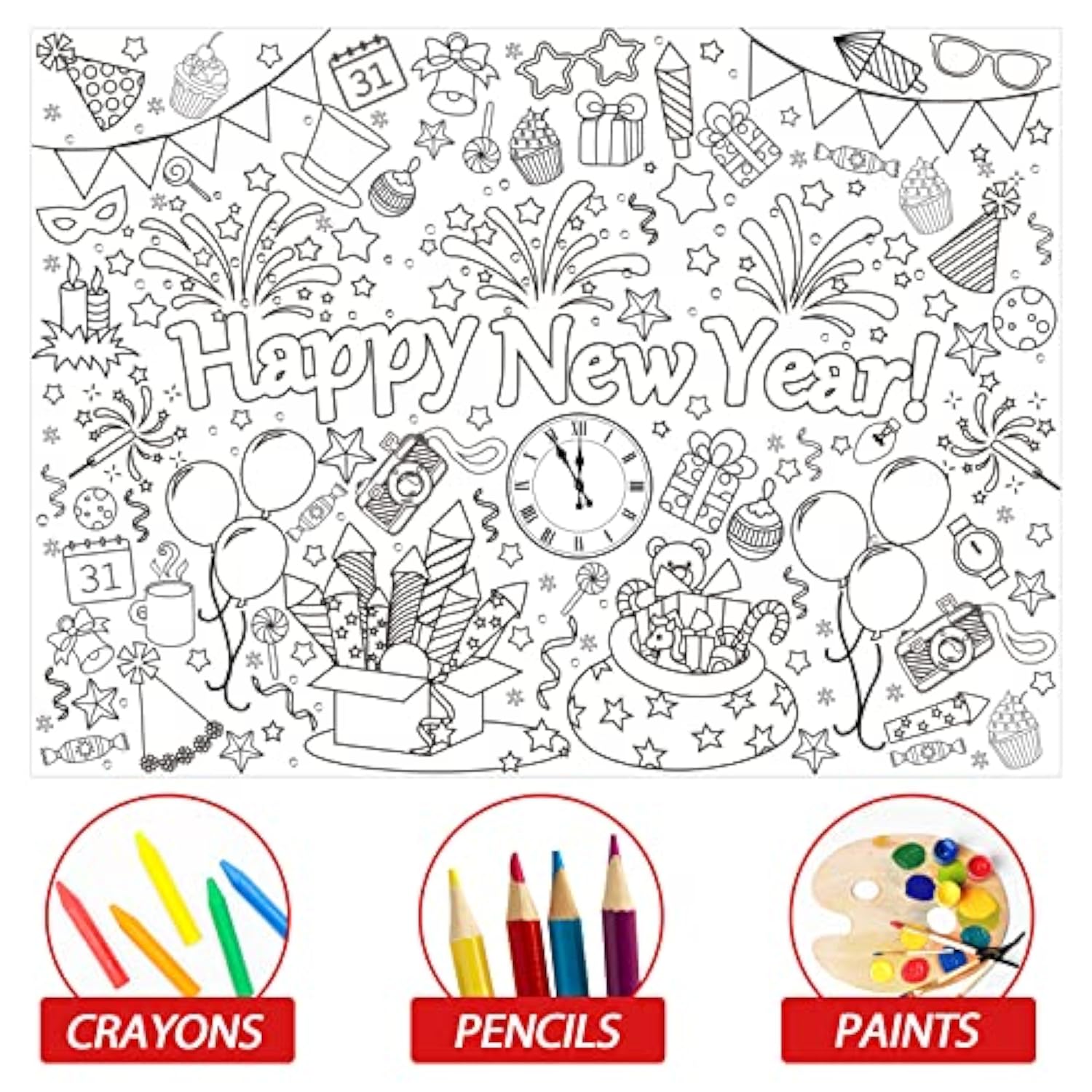 Giant Happy New Year Coloring Poster For Kids 2026 New Years Eve Giant Coloring Tablecloth Large Books Huge Sheet Page Table Cover For Wall Boys Girls Classroom Home Holiday Party Supplies 31X43In