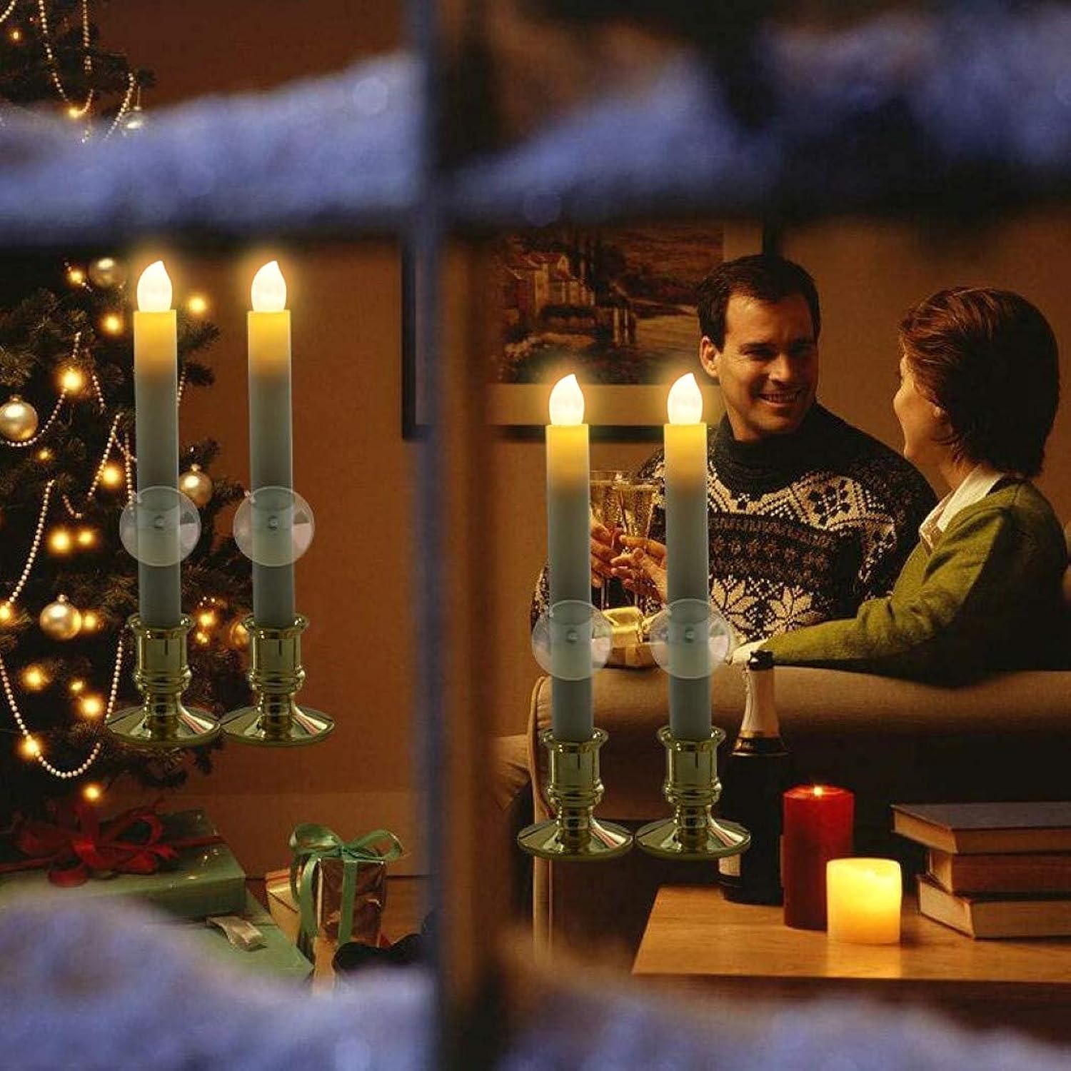 10 Pack Christmas Window Candles With Timer Remote, Battery Operated Window Candles, Electric Led Flameless Taper Candle With Holders/Suction Cups For Window Decor, Gold