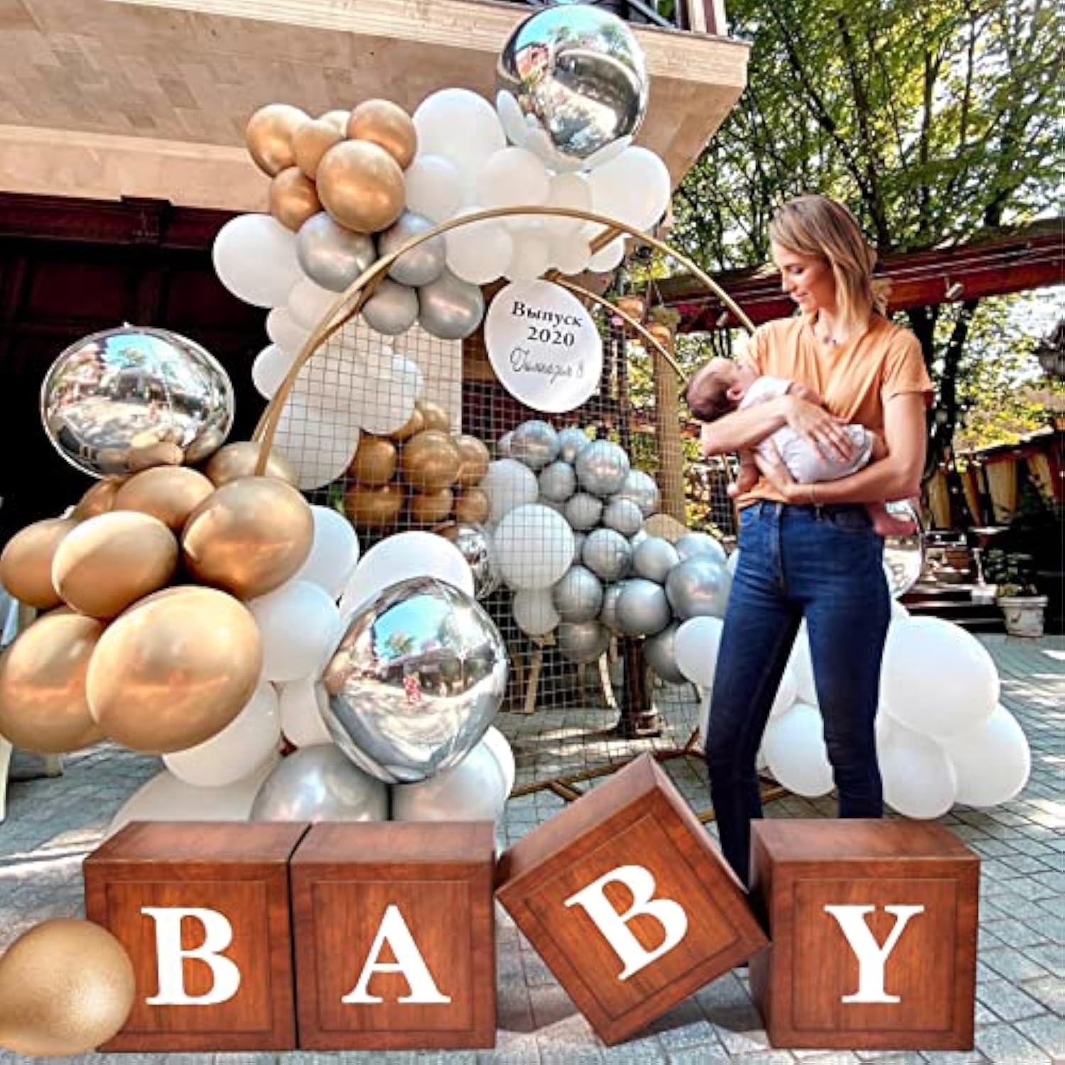Wood Baby Shower Boxes Party Decorations - 4 Wood Grain Brown Blocks With Printed Baby Letters, Gender Reveal Backdrop,Teddy Bear Baby Shower Supplies, First Birthday Centerpiece Decor
