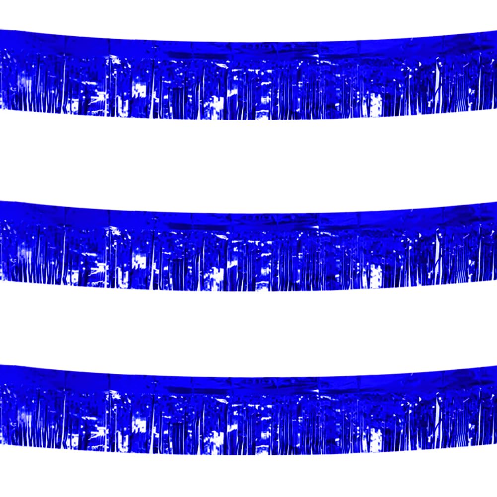 3 Pack Blue Total 30 Feet Foil Fringe Garland Metallic Tinsel Banner Wall Hanging Drapes Parade Float Skirting Decorations for Trailer Mardi Gras Party Birthday Baby Shower (Royal Blue)