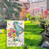 Hello Spring Gnome Garden Flag 12X18 Double Sided Burlap Butterfly Floral Garden Yard Banner For Summer Rustic Seasonal Outside Outdoor House Decoration (Only Flag)
