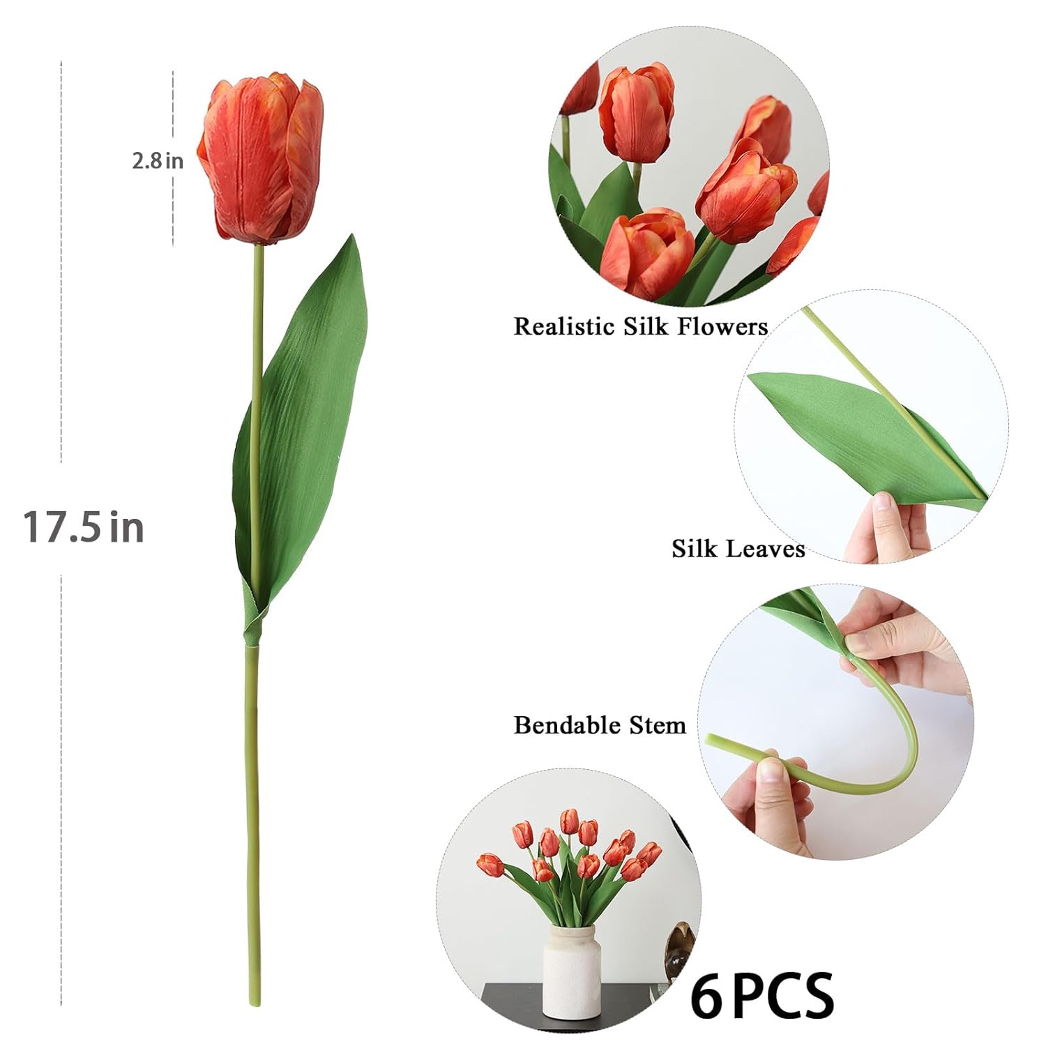 6Pcs Artificial Tulips Flowers Burgundy Fake Silk Tulips Flower Realistic Faux Tulip Flores For Wedding Decorations Table Centerpieces Flower Arrangement Dresser Vase Home Room Decor (Burgundy)