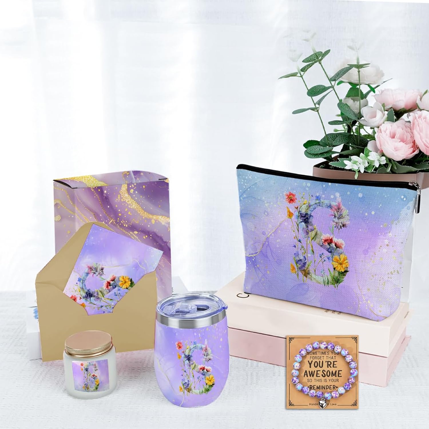 Personalized Gifts Monogrammed Birthday Gifts For Women, New Mom, Grandma Valentine'S Day Thank You Christmas, Initial Wine Tumbler Makeup Bag Scented Candle Bracelet Set, (Aesthetic Purple Flower S)