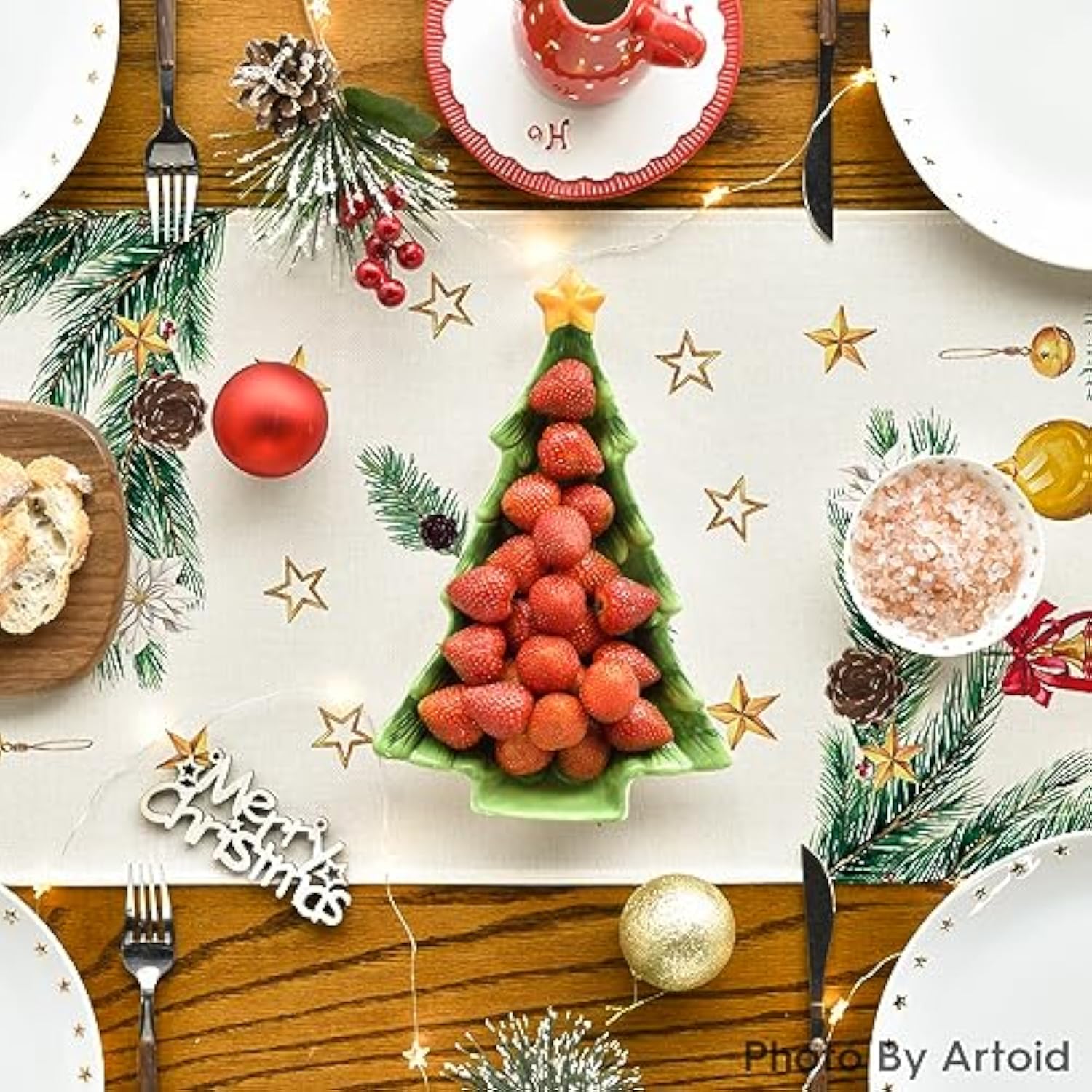 Joy To The World Xmas Balls Christmas Table Runner, Pine Cone Winter Holiday Kitchen Dining Table Decoration For Home Party Decor 13 X 72 Inch