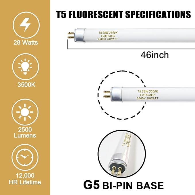 25 Pack 46 Inch T5 Fluorescent Tube Bulbs 28W 3000K Soft White G5 Base 2800LM