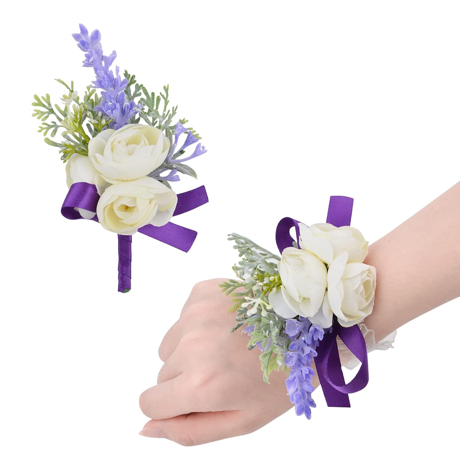 1 Set Wrist Corsage Flower, Artificial Wedding Wrist Corsage And Boutonniere Set Bride Hand Flower Men Boutonniere For Wedding Bridesmaid Party Prom Decorations, Purple Ribbon
