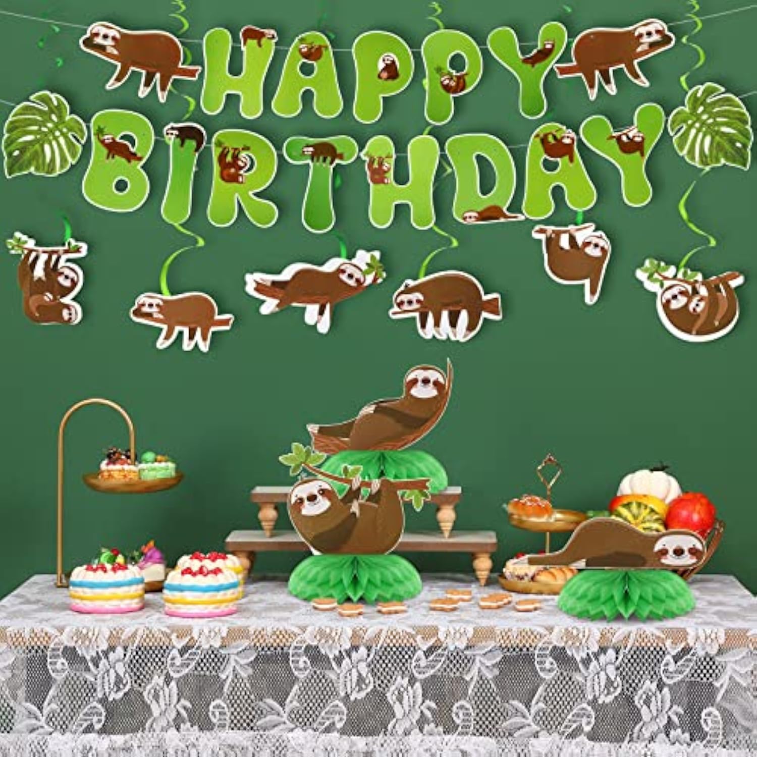17 Pcs Dog Sloth Party Decorations And Supplies Including 2 Birthday Banners, 3 Honeycomb Centerpieces, 6 Hanging Swirls & Cards For Puppy Theme Birthday Favors(Sloth Style)