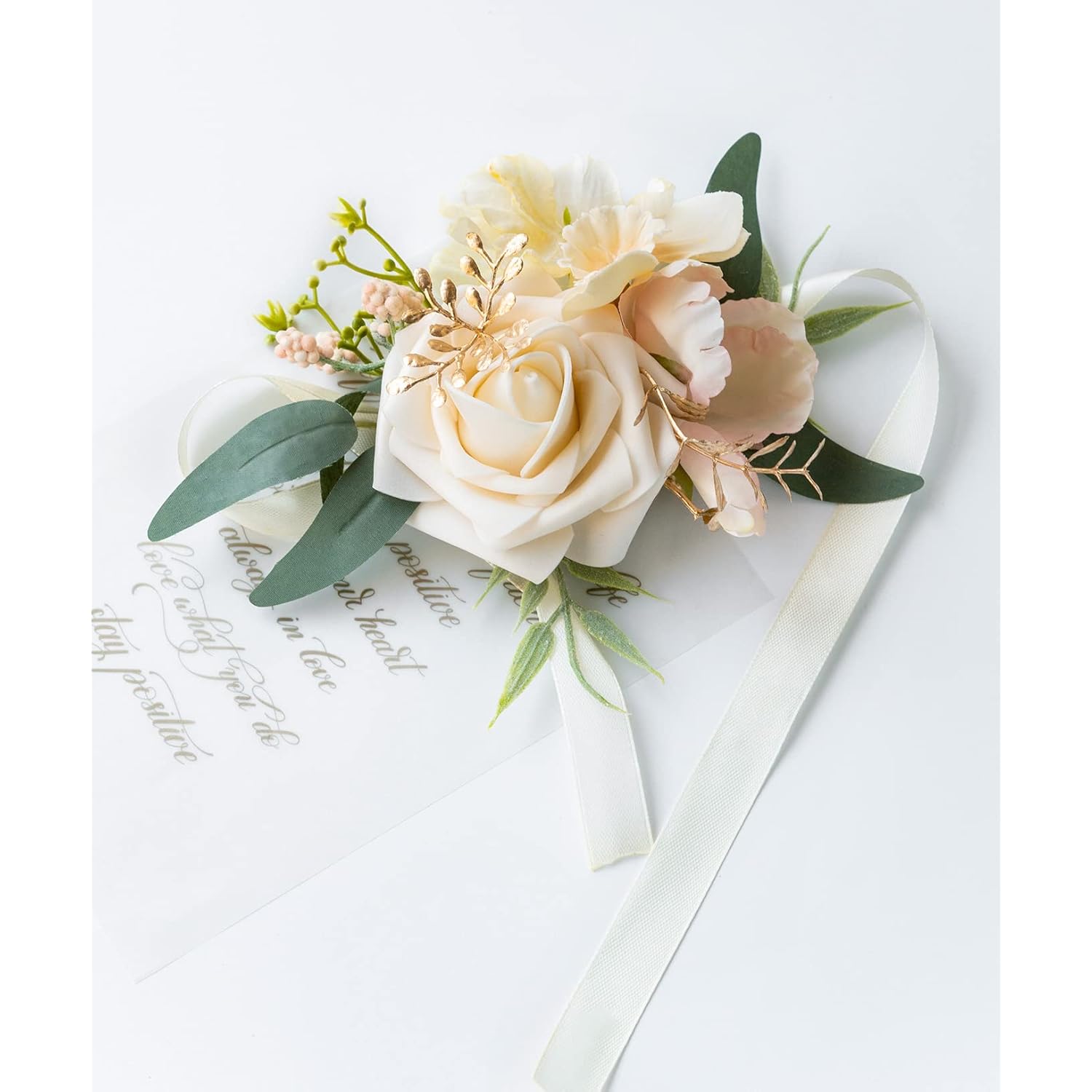 Set Of 2 Wrist Corsage Wristlet For Wedding Bridesmaid Mother Grandmother For Bridal Shower Wedding Artificial Roses Flower Prom (Champagne)