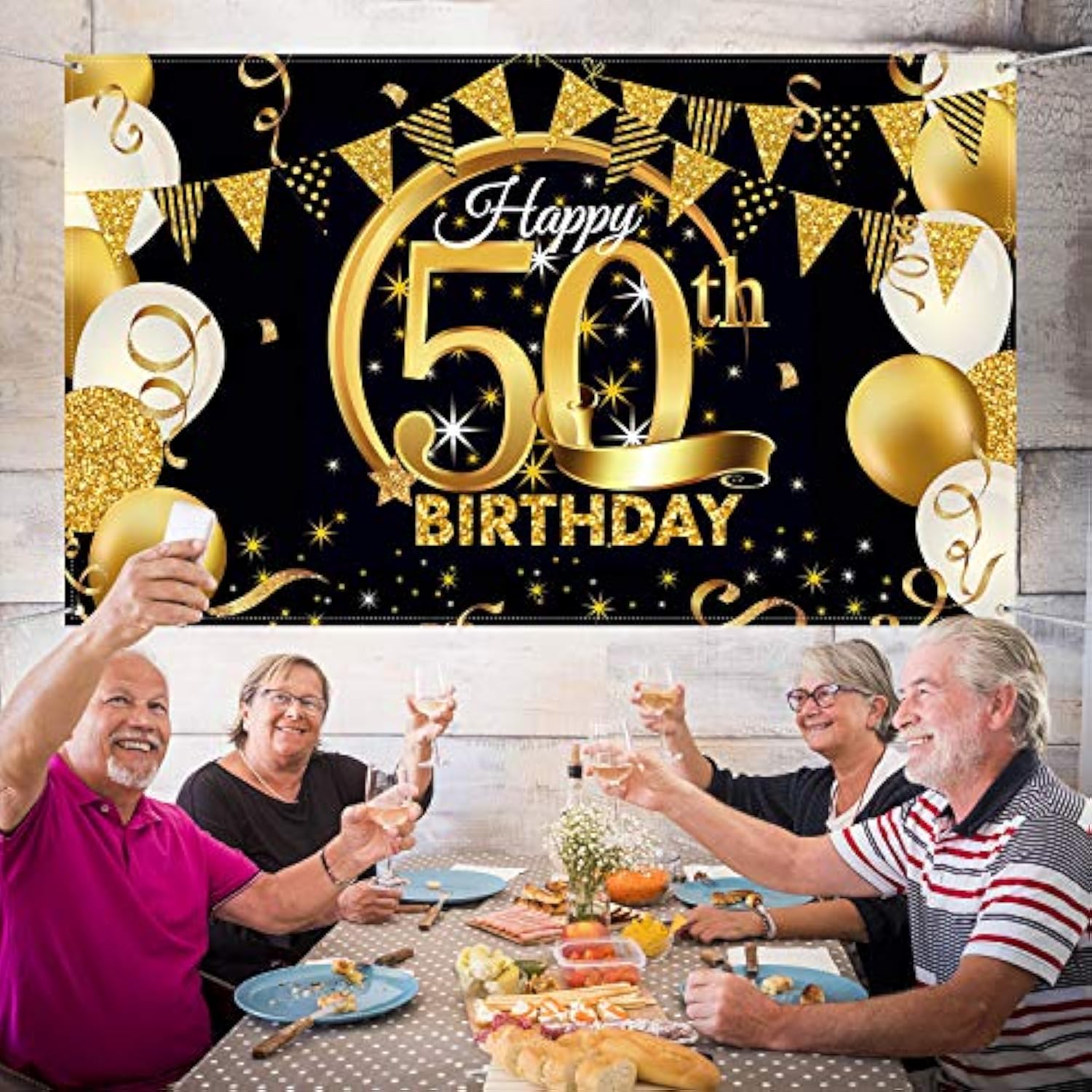 Birthday Party Decoration Extra Large Fabric Black Gold Sign Poster For Anniversary Photo Booth Backdrop Background Banner, Birthday Party Supplies, 72.8 X 43.3 Inch (50Th)
