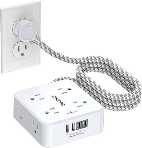 Surge Protector Power Strip with 8 Outlets 4 USB Ports 2 USB C 5FT Braided Flat Plug Extension Cord White
