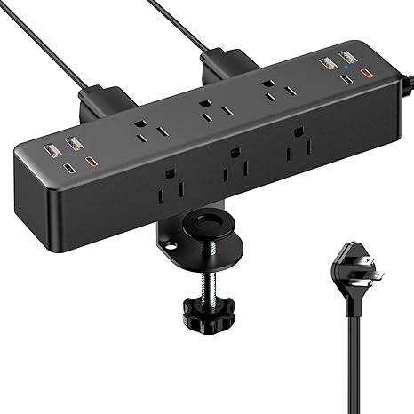 Desk Clamp Power Strip 9 Outlets 8 USB Ports 4 USB C 40W Fast Charging 10FT Extension Cord