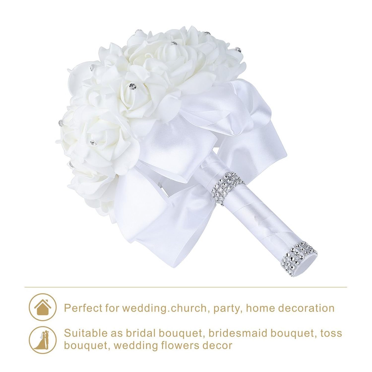 Wedding Bouquet Crystal Roses Bridesmaid Bouquet, Bridal Bouquet Artificial Flowers For Wedding, Party And Church (White)
