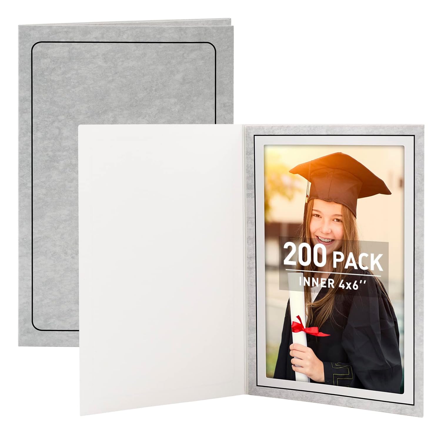 Golden State Art, Pack of 200, 4x6 Photo Folders, Cardboard Picture Frame, Paper Frame Cards, Greetings/Invitation Special Events: Graduation, Christmas, Wedding (Grey)