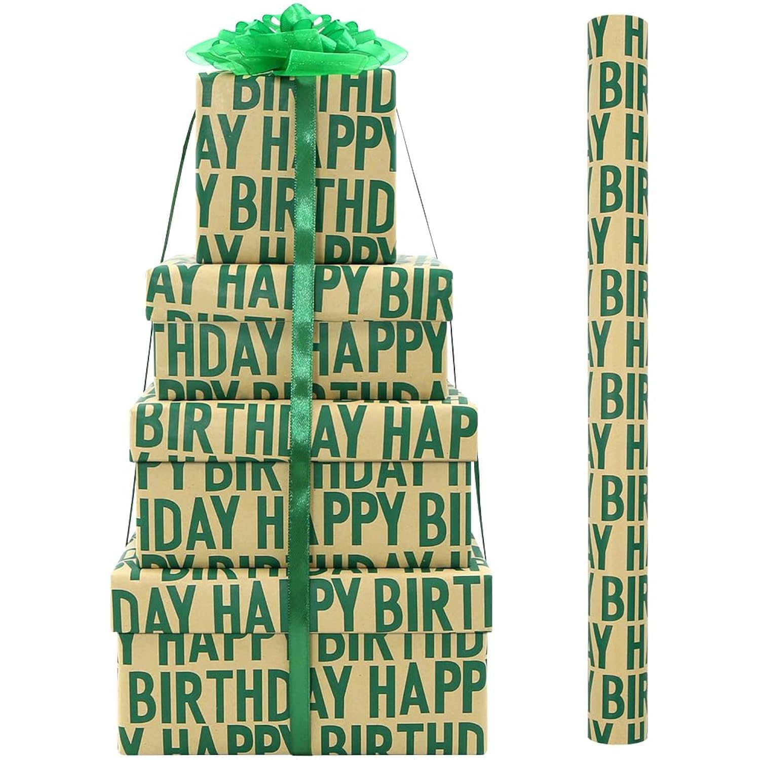 Minimal Emerald Green Large Happy Birthday Repeating Script Wrapping Paper For Men Women Boys Girls Kids- 1 Mini Roll 17 X 10 Ft Per Roll 14.1 Sq.Ft.Ttl - Brown Recycled Kraft Gift Wrap For Baby Shower Daddy Men All Birthday Occasions