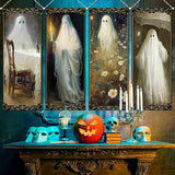 4 Pcs Vintage Halloween Hanging Banners, Ghost Candle Photo Backdrop Indoor Outdoor