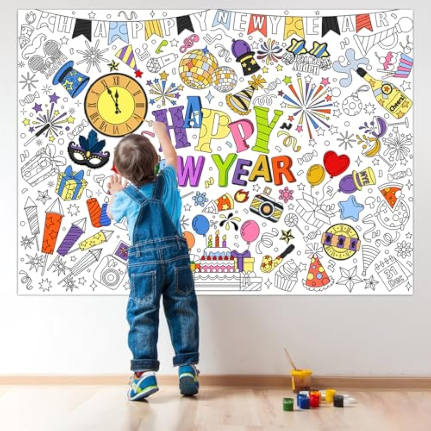 Happy New Year 2026 Coloring Poster with Paint Pens for Kids Parties
