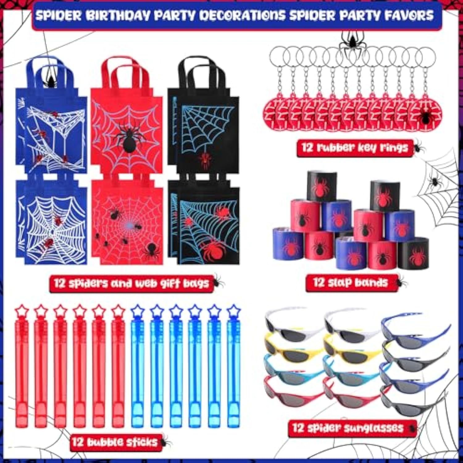 60 Pcs Spider Party Favors Include Spider Sunglasses, Web Gift Tote Bags, Slap Wristbands, Silicone Keychains And Blue Red Star Bubble Wands For Birthday Comic Hero Party Decoration