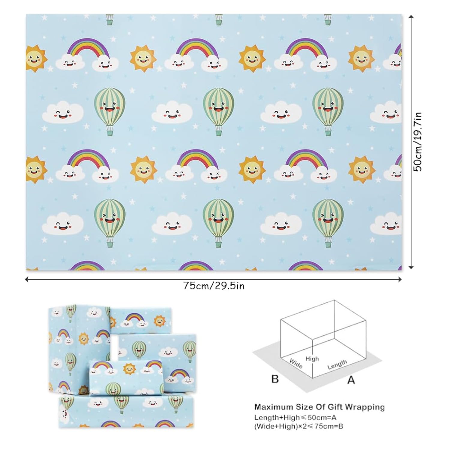 Cute Rainbow Clouds And Sunshine Float Away In A Hot Air Balloon With Smile Face On Bright Blue Wrapping Paper For Babies Boys Kids Happy Birthday Party Babay Shower, Folded Flat 30 X 20 Inch, 4