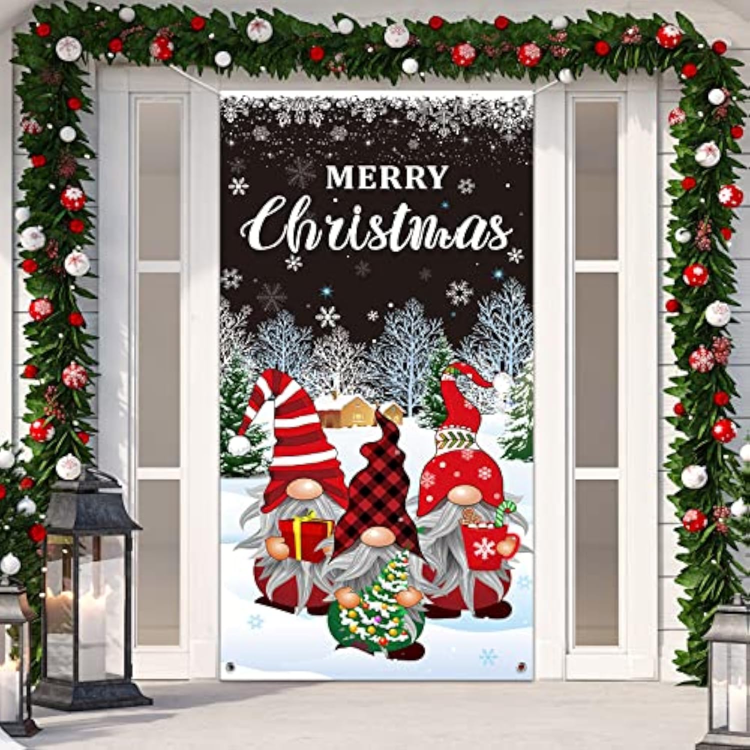 Christmas Gnome Door Cover Merry Christmas Front Door Decoration Winter Dwarf Hanging Banner Gnome Background Photo Booth Prop For Holiday Indoor Outdoor Party Supplies 70.9 X 35.4 Inches (Black)