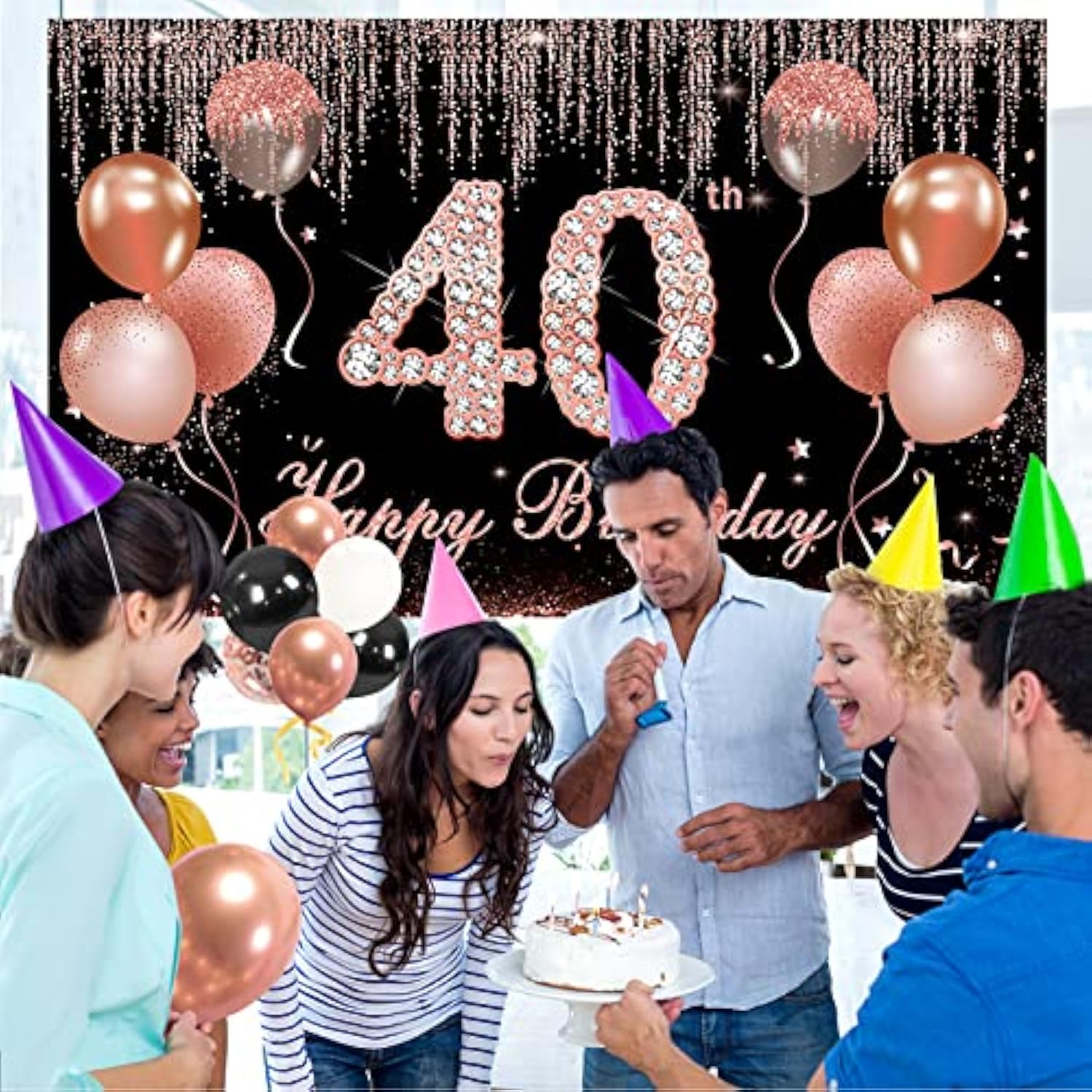 40Th Birthday Banner Decorations With Confetti Balloon Arch Garland, Rose Gold And Black Happy 40 Birthday Backdrop Balloon Kit Party Supplies For Women, Forty Year Old Bday Background Sign Decor
