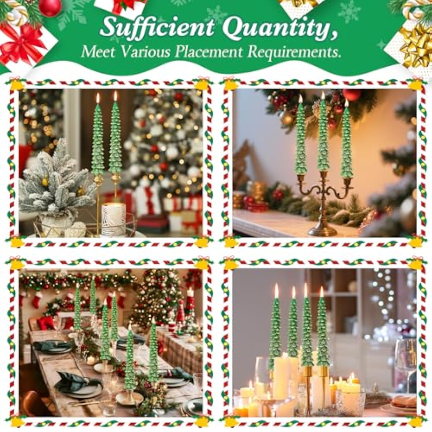 8 Pack Christmas Tree Candles, 10 Inch Pure Beeswax Christmas Tree Shaped Taper Candles For Xmas Holiday Decor, Advent Party Banquet Centerpiece Decoration(Green With Gold Trim)