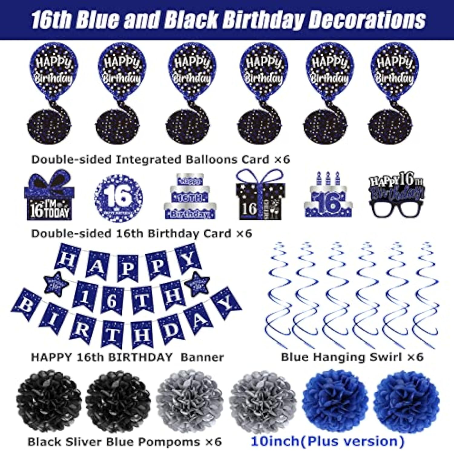 16Th Birthday Decorations For Boys Girls, Blue Happy 16Th Birthday Banner Party Decorations, Sixteen Birthday Supplies Decor Double-Sided Card Pompoms Hanging Swirl For 16 Years Teenagers Gifts 45Pcs