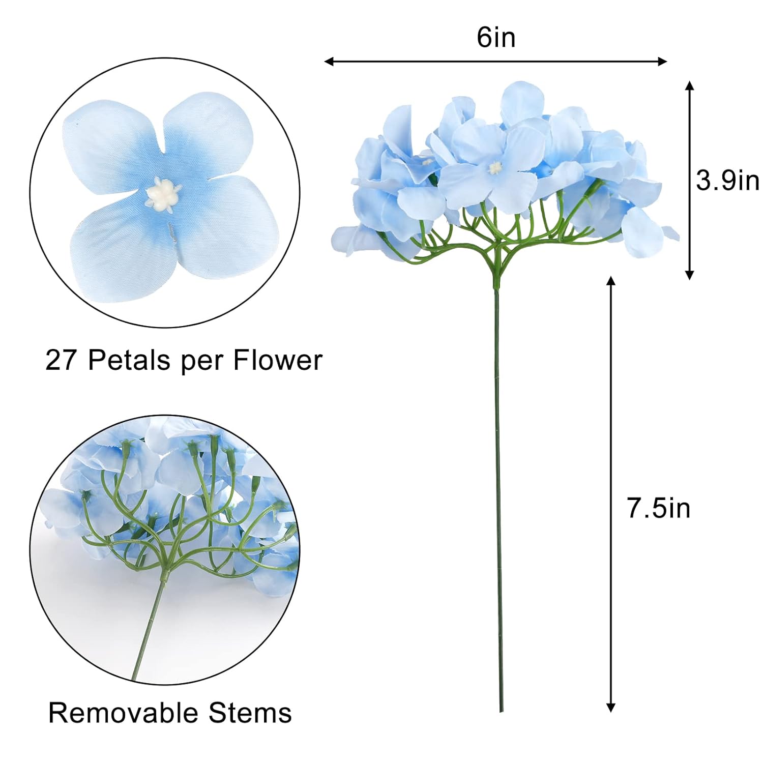 40Pcs Artificial Hydrangea Silk Flower Heads With Stems, Fake Flowers For Wedding Centerpiece Home Garden Party Decoration (Blue)