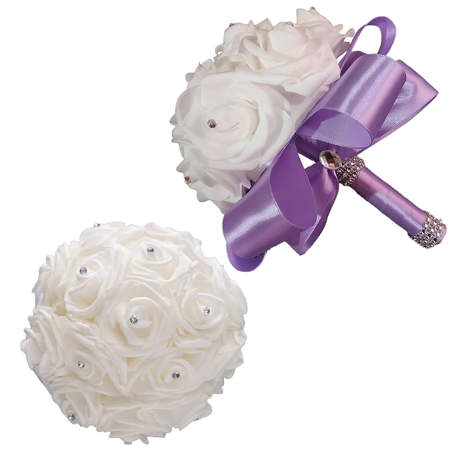 Wedding Bouquet - Crystal Diamond Silk Roses, Bride & Bridesmaid Hand Roses, Artificial Flowers For Wedding Churches & Parties (Purple)
