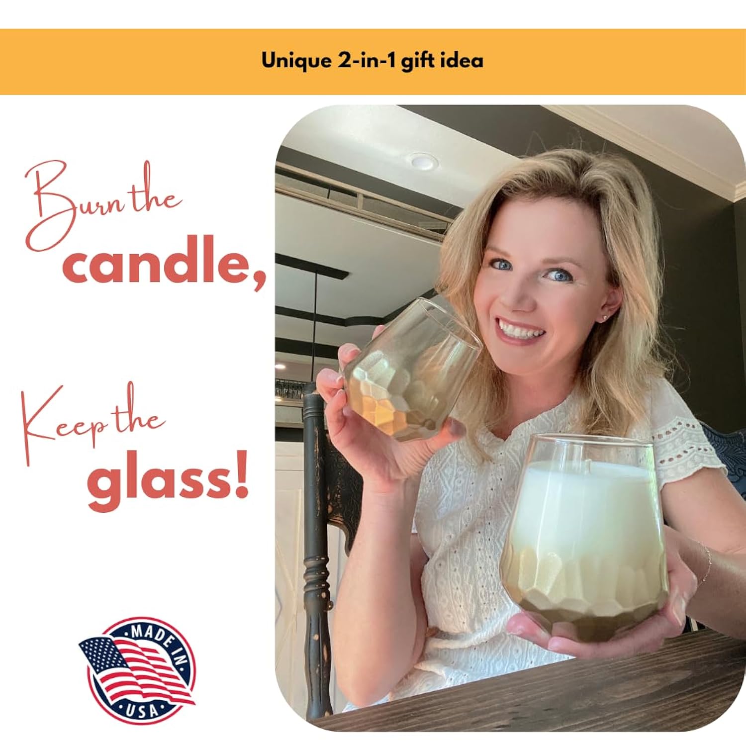 Wine Glass Candle 14Oz – Creamy Vanilla Scented Candle In Gold Ombre Stemless Glass, Unique Gift For Women & Wine Lovers
