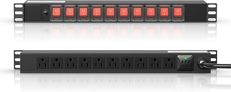 1U Rack Mount PDU Power Strip 10 Outlets Individual Switches 15A 6 Ft Cord