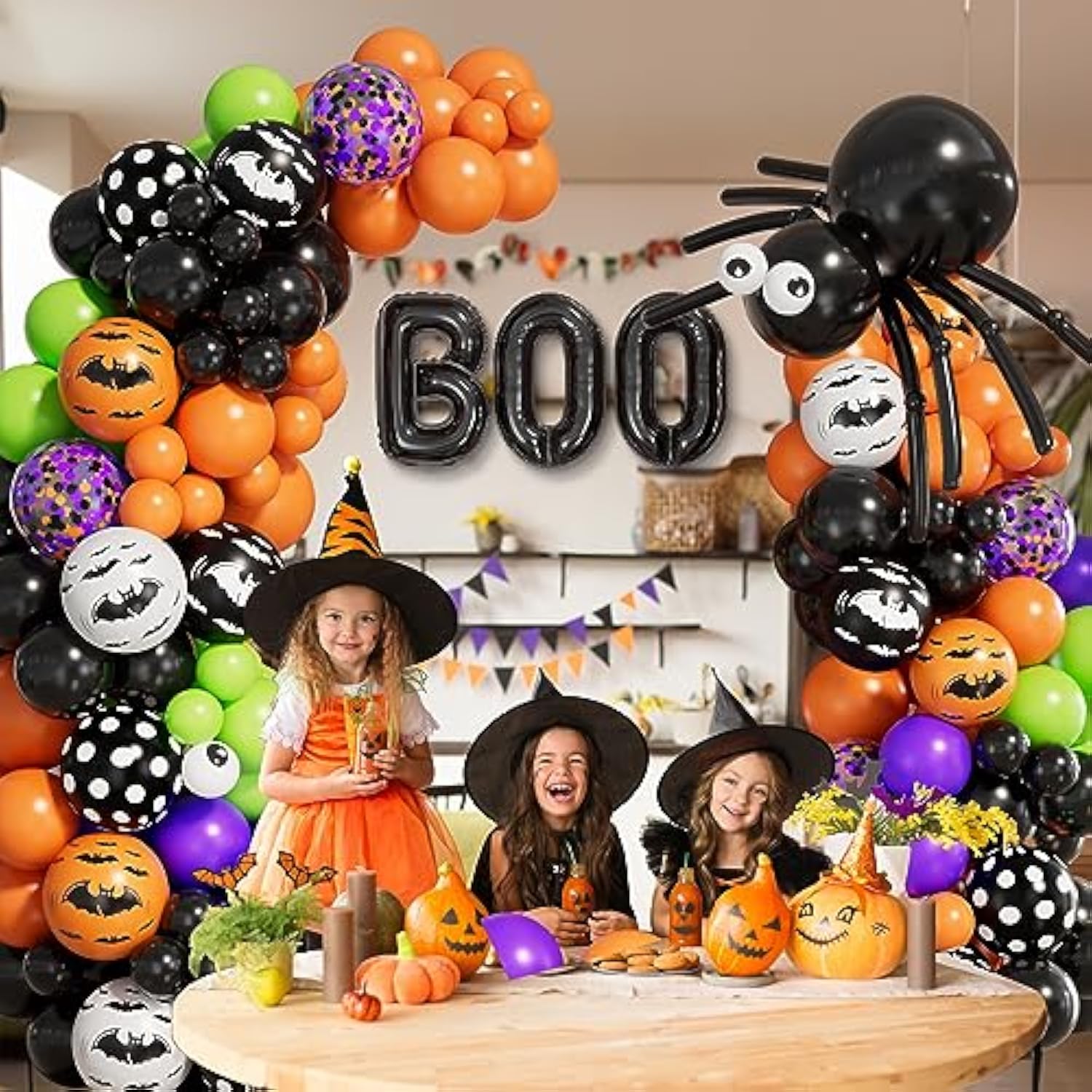 Halloween Balloon Arch Kit – Black Orange Purple Green with Spider & BOO Balloons