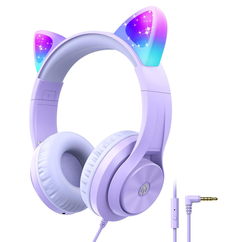 iClever Kids Headphones with Cat Ear Led Light Up, Safe Volume Limite Kids Wir